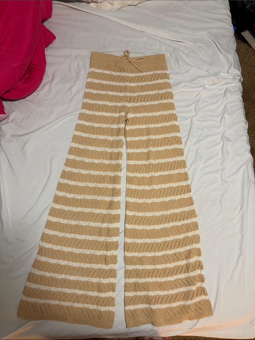 aerie Striped Knit Wide-Leg Pants in Beige & White